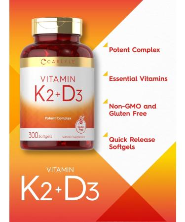 Carlyle Vitamin K2 D3 Supplement | 300 Softgels | 200mcg K2 MK7 & 10 000 IU D3 | Non-GMO Gluten Free 300 Count (Pack of 1) - Buy Online on GoSupps.com