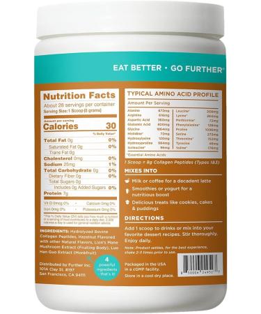 Further Food Collagen Peptide Powder Hazelnut Blend with Lionâs Mane Mushroom Grass-Fed Hydrolyzed Type 1 & 3 Protein Gut Health + Joint Hair Skin Nails Paleo Keto Sugar-Free (8.36 Ounce) - Buy Online on GoSupps.com
