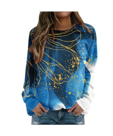 DUOWEI Sweatshirts for Tall Women Pullover Sweater Tops For Womens Print O Neck Sweatshirt Round Neck Comfy Womens C-blue Large