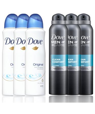 3 Bottles Dove Anti-Perspirant Deodorant Original & 3 Bottles Dove Men + Care Clean Comfort Spray Deodorant 48hr 150ML / 5.07 Oz - International Version 30.42 Ounce (Pack of 6)