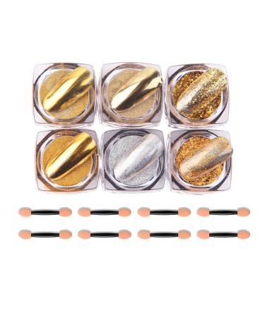 Chrome Nail Powder 6 Boxes Aurora Magic Mirror Effect Nail Powder Dust Manicure Pigments Holographic Nail Glitter Sequins for DIY Nail Art Design Decoration (Gold)