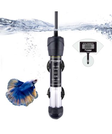 FREESEA Aquarium Fish Tank Heater: 50 | 100 | 300 Watt Adjustable Thermostat with 2 Suction Cups & Thermometer for Betta Tank | Saltwater Tank | Aquarium | Coral Tank 50 W