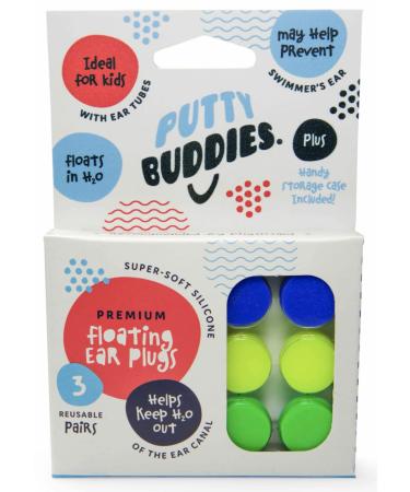 PUTTY BUDDIES Floating Earplugs 3-Pair Pack  Soft Silicone Ear Plugs for Swimming & Bathing  Invented by Physician  Keep Water Out  Premium Swimming Earplugs  Doctor Recommended Green/Yellow/Blue