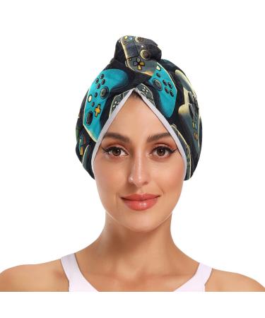 Black Color Blue Light Green Cream Light Blue Brown Light Purple Gaming Controller Hair Towel 2 Pack Super Absorbent Hair Drying Towel Quick Dry Hair Turbans Head Towel with Button Twisty Wrap for Wo