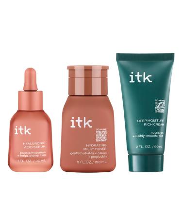 ITK Skincare Glowy Skin 3-Step Routine - Hyaluronic Acid + Niacinamide Serum Squalane Milky Toner Deep Moisture Ceramide Face Cream Moisturizer - Makeup Prep Skincare for Glowing Hydrated Skin