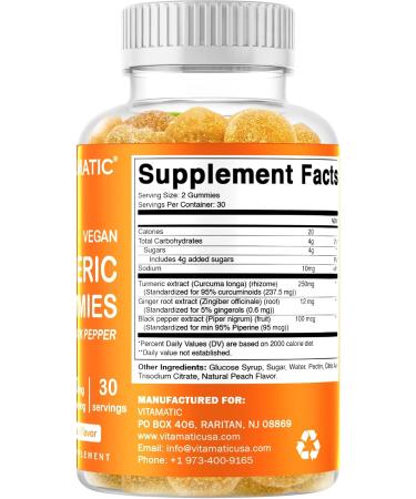 Vitamatic Turmeric Gummies 2-Pack with Ginger & Black Pepper - 95% Curcuminoids - 60 Vegan Gummies - Buy Online on GoSupps.com