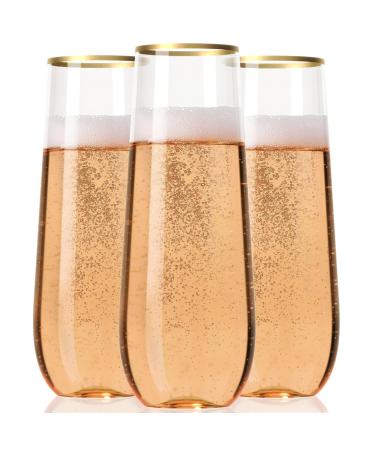 30 Plastic Stemless Champagne Flutes - Disposable Unbreakable 9 Oz toasting glasses With Gold rim | Reusable Clear Fancy & Shatterproof Champagne Glasses - Ideal for Weddings Birthdays Parties 30 Count (Pack of 1)