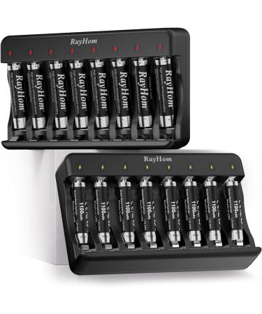 RayHom Rechargeable AAA Batteries with Charger 1100mAh Ni-MH Rechargeable Triple A Batteries Rechargeable Battery 8 Slots Battery - Pack Of 2