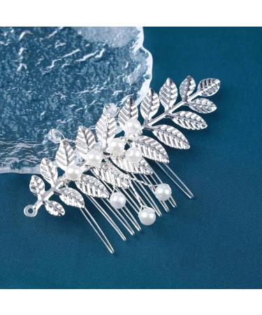 Dervivea Boho Leaves Hair Comb Pearl Bridal Wedding Hair Comb Silver Leaf Headpiece Comb Metal Leaf Branch Hair Combs Headpiece Decorative Hair Accessories for Women and Girls Headdress (Silver) - Buy Online on GoSupps.com