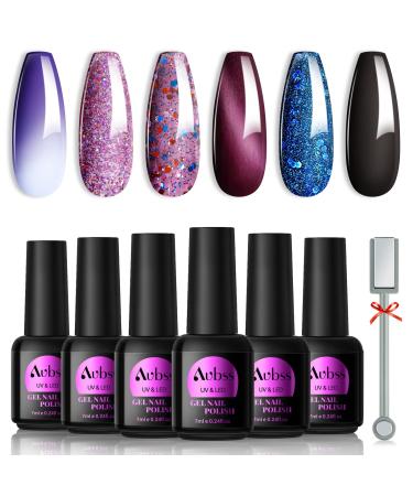 Aubss Glitter Gel Nail Polish Set 6 Colors, Color Changing Purple Cat Eye Magnetic Purple Sparkle Purple Temperature Color Changing Gel Nail Polish Cat Eye Polish Gel Nail Art Manicure DIY Salon Home A-Shiny Crystal