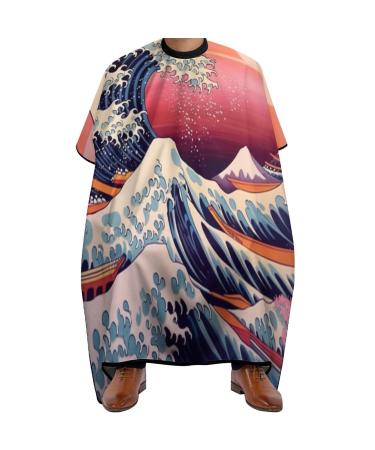 Japanese Ocean Wave Cherry Mountain Kanagawa Professional Barber Cape Polyester Hair Cutting Salon Cape Water Stain Resistant Apron Cutting Hair Beard Hairdressing Cape Anti-Static Haircut 56.7 66.9 I