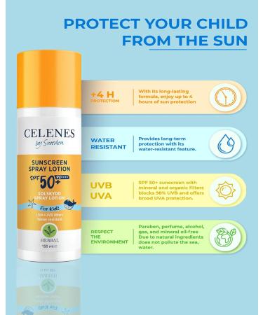 Celenes by Sweden Sun Protection Spray SPF50 for Children - Gentle on Sensitive Skin | Mineral Protection for All Skin Types | Waterproof No Perfumes/Parabens or Alcohol | Herbal Formula - 150 ml - Buy Online on GoSupps.com