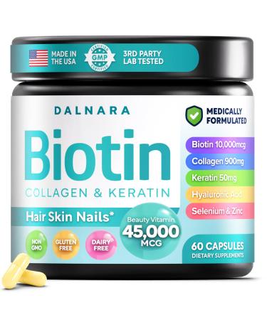 Dalnara Biotin Collagen & Keratin Hair Skin & Nails Vitamins 45 000 MCG Vitamin Complex(A B1 B2 B3 B6 B7 C & E) Biotin for Hair Growth for Women & Men Hair Vitamins-60 Capsules Made in USA