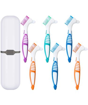 WILLBOND 6 Pieces Denture Brush Toothbrush Hard Denture Toothbrush Brush Cleaning Brush with White Carrying Case for False Teeth Cleaning (Green Purple Blue and Orange)