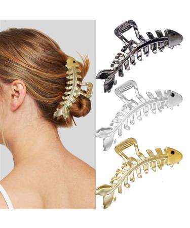 3PCS Gold Claw Clips Fish Bone Shape Metal Hair Claw Fun Claw Clips Nonslip Hair Clamps for Thick&Thin Hair French Hair Barrette Fashion Hair Accessories for Women Girls (Gold  Silver  Black)