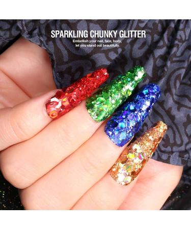 Leobro 15 Colors Chunky Glitter Set - 150g Holographic Glitter Powder for Epoxy Resin Nail Art & Decoration with 10 Mixing Spoons - Buy Online on GoSupps.com