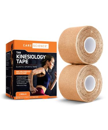 Care Science Waterproof Kinesiology Tape, Precut Water Resistant Strips, Elastic Athletic Tape for Sports & Weightlifting, Supports Muscles & Joints, Muscle Strain Relief, Tan, 2 Rolls, 40 Count
