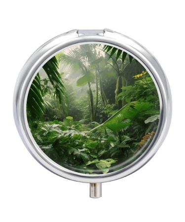 Pill Box Pill Case 3 Compartment Travel Pill Box Tropical Rainforest Printing Small Pill Box Portable Medicine Pill Case Pill Organizer for Purse & Pocket for Travel Handbag (Round)