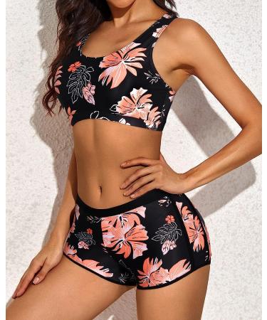 Yonique Women's 3-Piece Athletic Tankini Swimsuit Set - X-Large Pink Floral & Black - Buy Online on GoSupps.com