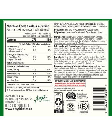 Amy s Kitchen Organic Lentil Vegetable Soup Vegan Gluten-Free Dairy-Free Lactose-Free Soy-Free Corn-Free Tree Nut-Free Kosher Plant-Based 12-pack (398ml per can) - Buy Online on GoSupps.com