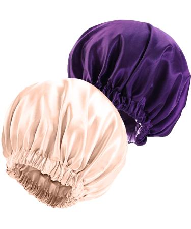 NIXISWAG 2PCS Silk Bonnet Sleep Cap for Curly Hair-Silk Hair Wrap for Sleeping-Bonnet for Women-Satin Bonnet and Hair Cap-Bonnets-Stylish Hair Bonnet with Elastic Band 1-Purple & 1-Peach Pink