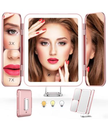 TOKSO Lighted Makeup Mirror Vanity Mirror  Rechargeable 72 LED Lights  1X 3X 10X Magnification  Travel Lighted Makeup Mirror  Touch Control  Trifold Makeup Mirror  Portable LED Makeup Mirror  Gift Rosegold