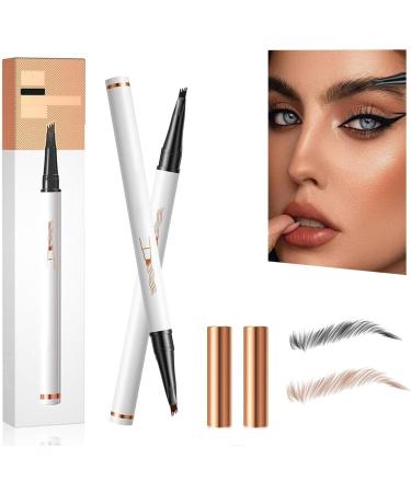 Eyebrow Pencil with 4 Fork Tip 3D Microblading - Magic Eyebrow Pencil Natural Makeup Fine Stroke Magic Eyebrow Pencil Long-Lasting Waterproof Eyebrow Pencil Stay on All Day (Dark Brown+Gray)