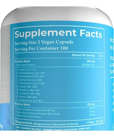 Probiotic Magnesium Capsules - 100 Capsules | 60 Billion CFU Probiotics | 110mg Magnesium Daily Supplement | Alleviate Fatigue & Obesity | Boost Immunity | Vegan & Sugar Free - 50 Day Supply - Buy Online on GoSupps.com