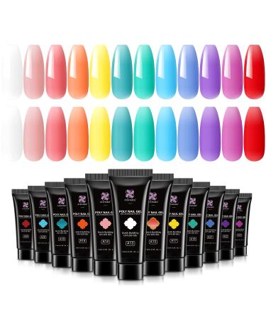 Aishaba 12 Colors Poly Nail Extension Gel Kit, Rainbow Colors Nail Builder Gel Set, Glow in the Dark and Temperature Color Changing Nail Extension Gel Manicure Set for Nail Art Starter Kit