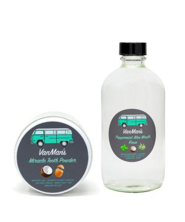 Vanman's Oral Mouth Care Kit (2 oz Tooth Powder + 8oz Mouth Rinse) Aloe Mint Mouthwash for Gum Health and Teeth Whitening Powder w/Coconut Charcoal Egg Shell Powder for Healthier Teeth 1 Tooth Powder + 1 Mouthwash