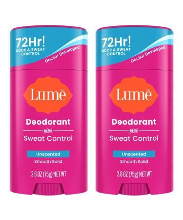 Lume Deodorant Plus Sweat Control - Smooth Solid Stick - Maximum Strength Antiperspirant - 72 Hour Odor And Sweat Control - Baking Soda Free Skin Loving - 3.0 ounce (Unscented)