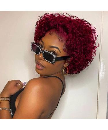 VRZ Short Curly Lace Wigs Pixie Cut Lace Front Human Hair Wigs For Black Women 150% Density Glueless Pre Plucked Curly Frontal Wig With Hand Tied Hairline Wine Red (6inch, 99J) 6 Inch 13×1 99J
