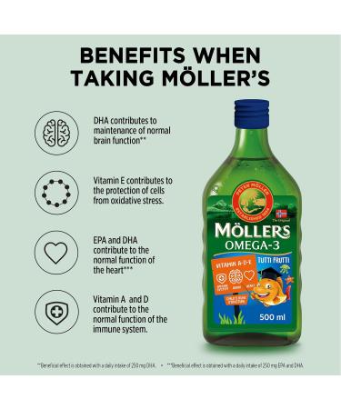 Moller s | Omega 3 for kids Cod Liver Oil | Nordic Omega-3 Dietary Supplements with EPA DHA Vitamin A D & E | Pure Natural cod Liver Oil Liquid | 166-year-old-brand | Tutti Frutti Taste | 500 ml Tutti Frutti 500 ml (Pack of 1) - Buy Online on GoSupps.com