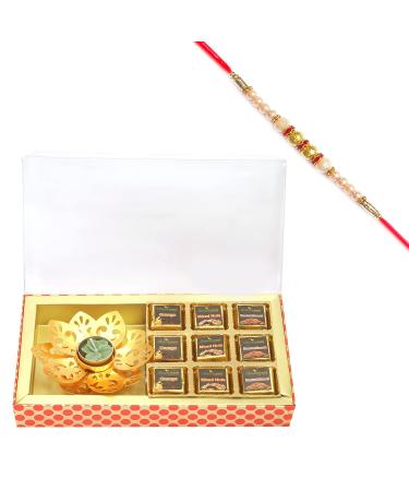 Ghasitaram Gifts Rakhi Gifts for Brothers Rakhi Chocolate 9 pcs Assorted Chocolates and Golden T-Lite Imperial Box with Pearl Rakhi