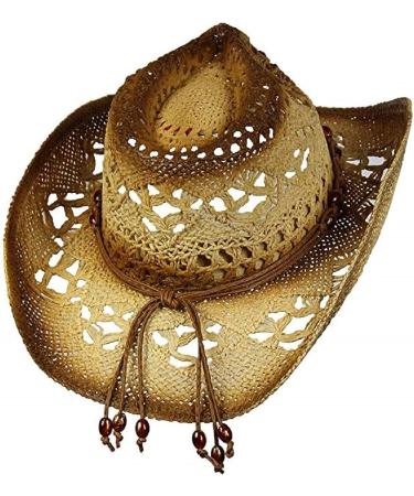 Western Style Tea Stain Toyo Straw Cowboy/Cowgirl Hat with Beads - Brown - Buy Online on GoSupps.com