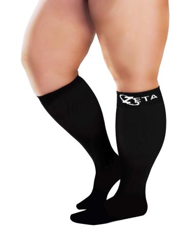 Zeta Socks XXXL Wide Plus Size Calf Compression, Soothing Comfy Gradient Support, Prevents Swelling, Pain, Edema, DVT, Large Cuffs, Unisex, for Flights (Black, XXXL)