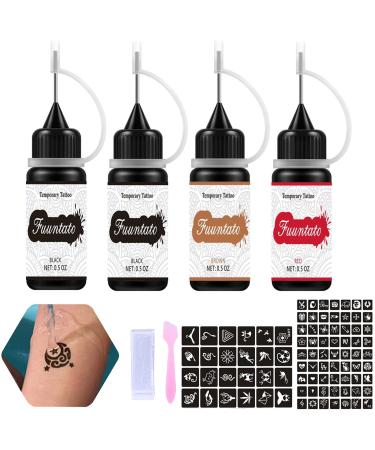FUUNTATO Temporary Tattoos Kit  Permanent Tattoo Freehand Gel/Ink 80 PCS Free Stencils DIY Tattoos  Full Kit 4 Bottles 2*Black/1*Red/1*Brown