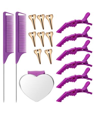 Coldairsoap 17 Pieces Hair Parting Tools Set  Included 8 Pieces Hair Parting Ring 2 Pieces Metal Rat Tail Comb 6 Pieces Hair Sectioning Clip with Magnetic Wrist Sewing Pin Holder for Braiding (Purple)