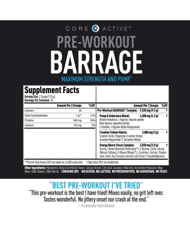 Core Active Barrage Pre Workout Powder - Creatine, Beta Alanine, Agmatine Sulfate & Caffeine Blend - Muscle Builder with Intense Energy - Orange Flavor (30 Servings) - Buy Online on GoSupps.com