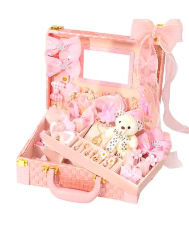 PLIOPYIK Girls Hair Accessories Set With Double Layer Jewelry Box  Including Hair Clips  Hair Ties (Luxury pink)