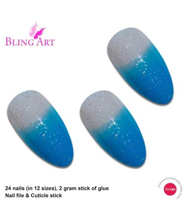 Buy Blue Gel Stiletto Almond False Nails - 24 Bling Art Artificial Long Tips with Glue | International Shipping - Buy Online on GoSupps.com
