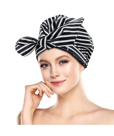 Yiclick Shower Cap for Women Hair Caps for Shower  Reusable Shower Cap - for long hair women (Stripe Black)