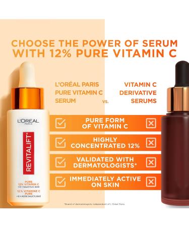 L'Or al Paris 12% Pure Vitamin C Brightening Face Serum with Vitamin E & Salicylic Acid for Antioxidant Protection & Less Visible Pores Revitalift Derm Intensives 30mL - Buy Online on GoSupps.com