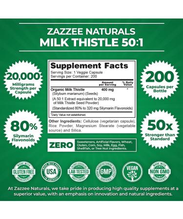 Zazzee Organic Milk Thistle Extract 20000 mg - 200 Vegan Capsules | 6-Month Supply, Non-GMO & All-Natural | High Strength 50:1 Extract with 80% Silymarin Flavonoids - Buy Online on GoSupps.com