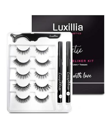 Luxillia (Clear + Black) Magnetic Eyeliner with Eyelashes Kit - Free Applicator Tool, 8D Most Natural Look Eyelash No Magnets Needed - Best Reusable False Eye Lash, Waterproof Liner Pen and Lashes