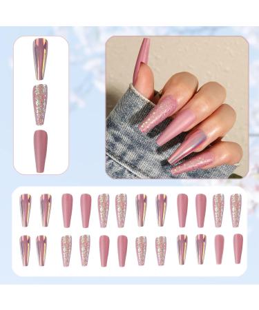 Black Snake Design Glossy Acrylic Long Fake Nails - 24PCS Pink Press On Nails for Women and Girls - Buy Online on GoSupps.com