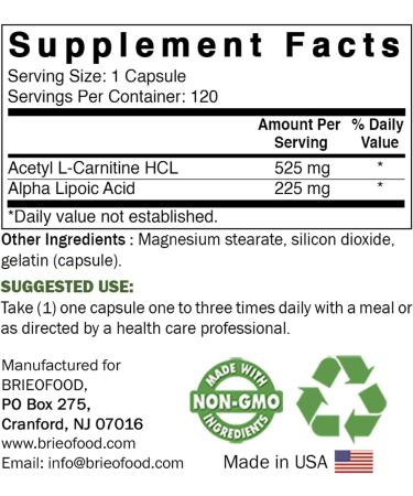 Brieofood Acetyl L-Carnitine Alpha Lipoic Acid (ALA ALC) 750mg - 120 Capsules - Buy Online on GoSupps.com