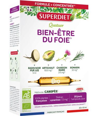 SUPERDIET -QUATUOR DIGESTION BIO-Well-being of the liver -Black Radish Artichoke Milk Thistle Rosemary-Made in France-20 Ampoules of 10 ml