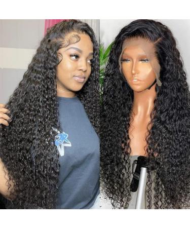 Momaksa Water Wave Lace Front Wigs Human Hair 13x4 HD Transparent Lace Frontal Wigs for Women Glueless Brazilian Curly Lace Front Human Hair Wigs Pre Plucked 150% Density Natural Black Color 22 Inch