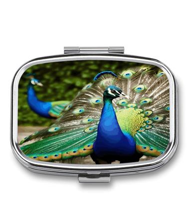 Pill Box Beautiful Peacock Print 2 Compartment Medicine Pill Case Pill Organizer Decorative Metal Portable Pill Box for Pocket Or Purse Style